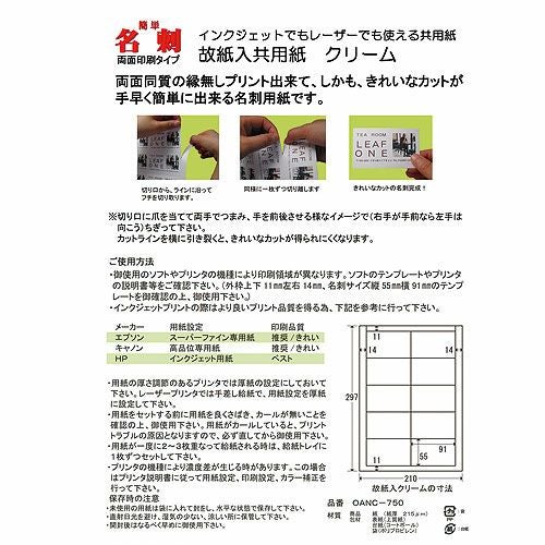 簡単名刺 プリンタ共用 クリーム 両面印刷 A4 10面 500枚入